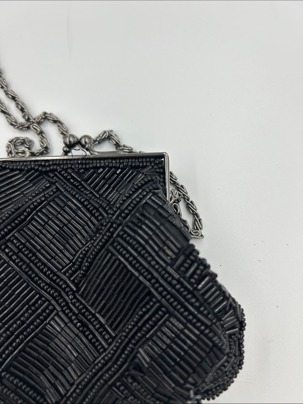 Vintage Caché Black Beaded Mini Evening Bag Kiss Lock Clutch Y2K - Picture 4 of 7